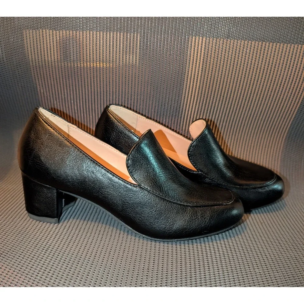 Women's Black Faux Leather Block Heel Loafers Slip-On Dress Shoes Size 4